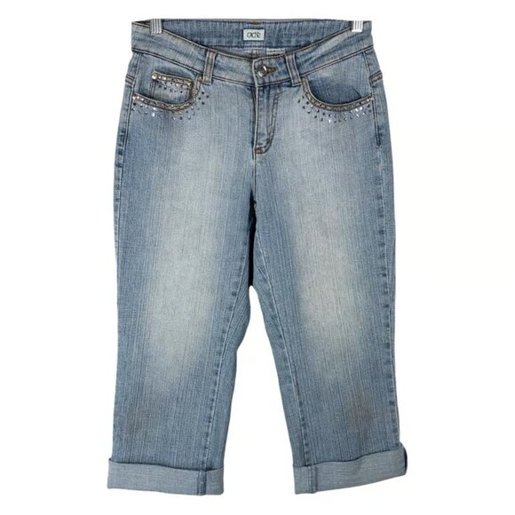Cache Size 4 Capri Jeans Cropped Light Blue Rhinestones Cuffed Pockets - Picture 1 of 3